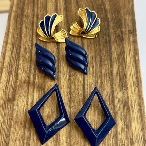 Vintage Retro 80’s Navy Blue and‎ Gold Earring Set of (3)